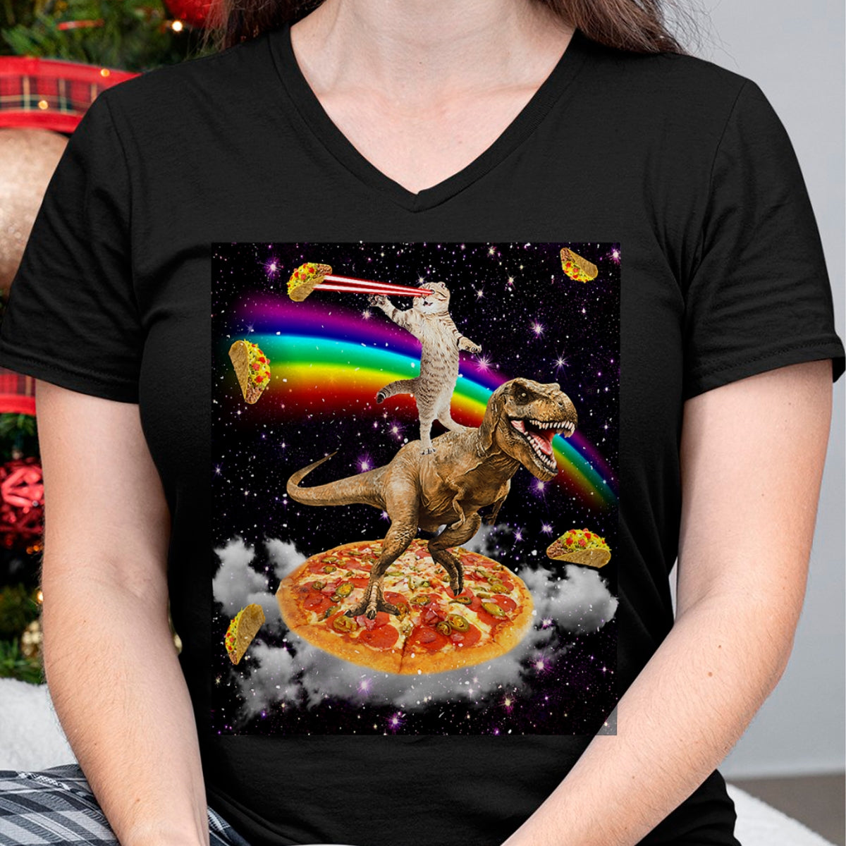 Cat Love Shirt, Funny Cat Lover Gift UnisexT-Shirt/Hoodie/Sweatshirt HLT00 - Galaxy Laser Cat on Dinosaur on Pizza with Tacos & Rainbow T-Shirt