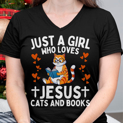 Cat Love Shirt, Funny Cat Lover Gift UnisexT-Shirt/Hoodie/Sweatshirt HLT00 - Just A Girl Who Loves Jesus Cats and Books Christian T-Shirt