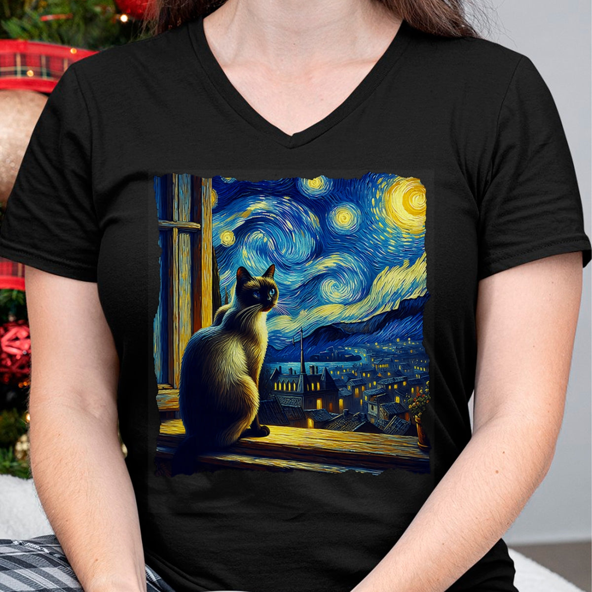 Cat Love Shirt, Funny Cat Lover Gift UnisexT-Shirt/Hoodie/Sweatshirt HLT00 - Cat Siamese Cat Starry Night Siamese T-Shirt (1)