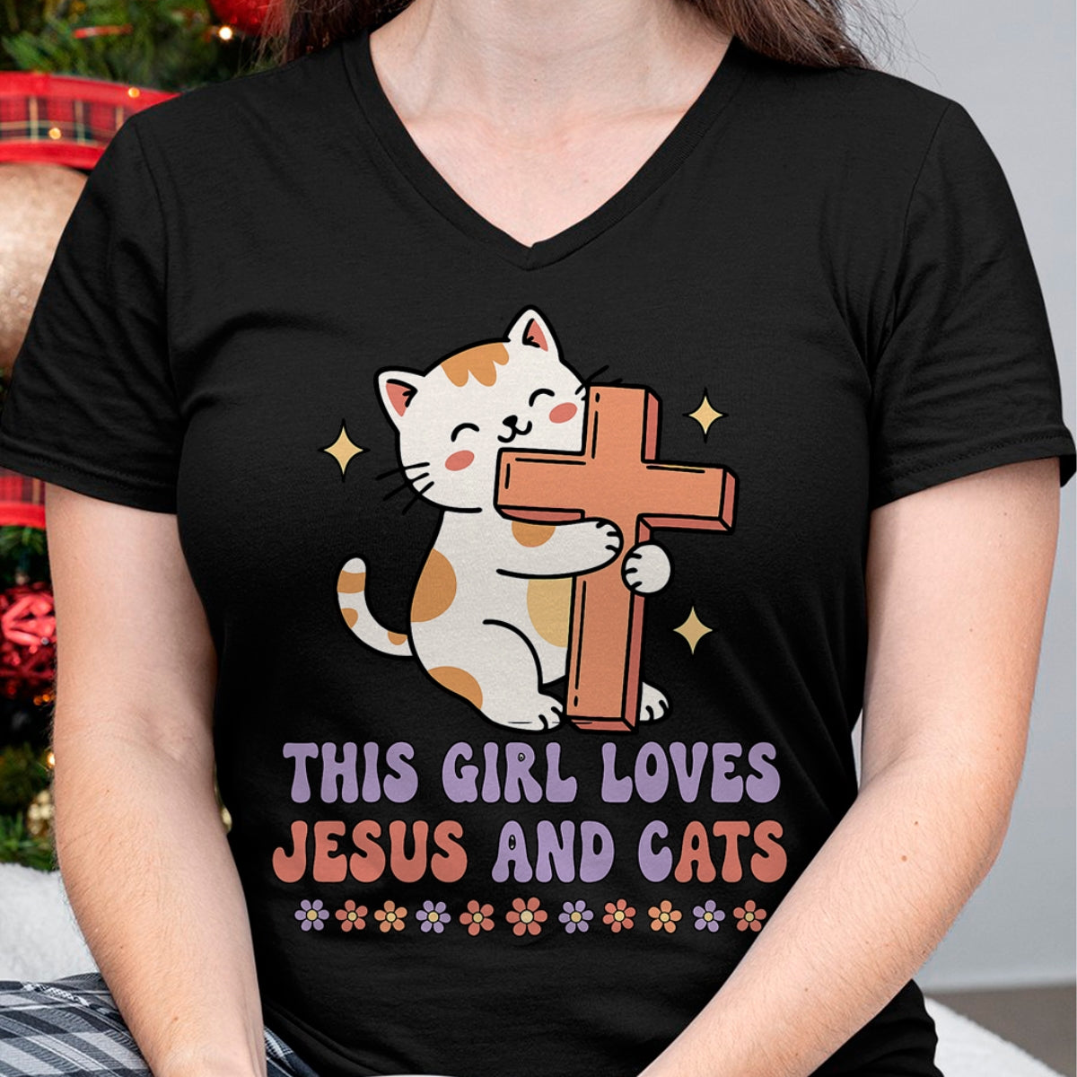 Cat Love Shirt, Funny Cat Lover Gift UnisexT-Shirt/Hoodie/Sweatshirt HLT00 - Christian This Girl Loves Jesus and Cats Cat Hugging Cross T-Shirt (1)