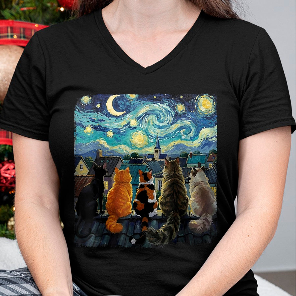 Cat Love Shirt, Funny Cat Lover Gift UnisexT-Shirt/Hoodie/Sweatshirt HLT00 - Funny Cat Starry Night Van Gogh Cats Rooftop Scene Feline T-Shirt, Women, Black, 3X-Large