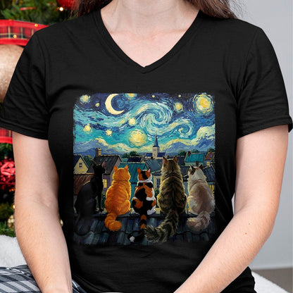 Cat Love Shirt, Funny Cat Lover Gift UnisexT-Shirt/Hoodie/Sweatshirt HLT00 - Funny Cat Starry Night Van Gogh Cats Rooftop Scene Feline T-Shirt, Women, Black, 3X-Large