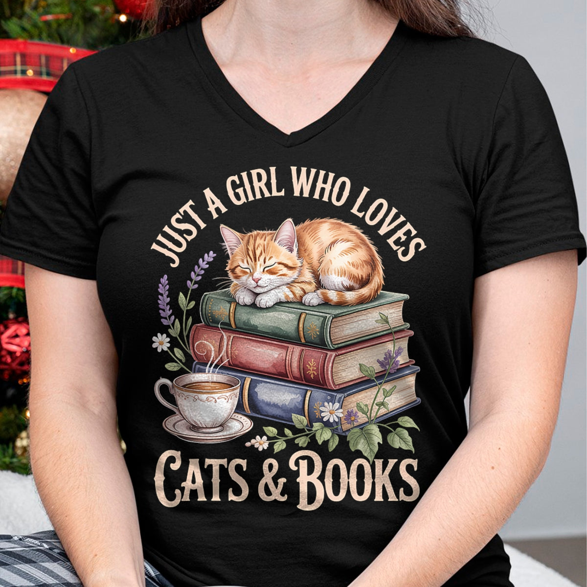 Cat Love Shirt, Funny Cat Lover Gift UnisexT-Shirt/Hoodie/Sweatshirt HLT00 - Just A Girl Who Loves Cats and Books Reading Librarian T-Shirt (1)
