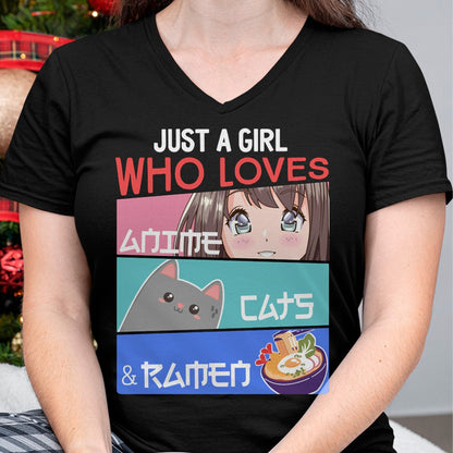 Cat Love Shirt, Funny Cat Lover Gift UnisexT-Shirt/Hoodie/Sweatshirt HLT00 - Just A Girl Who Loves Anime Cats & Ramen Lover Kawaii Otaku Long Sleeve T-Shirt