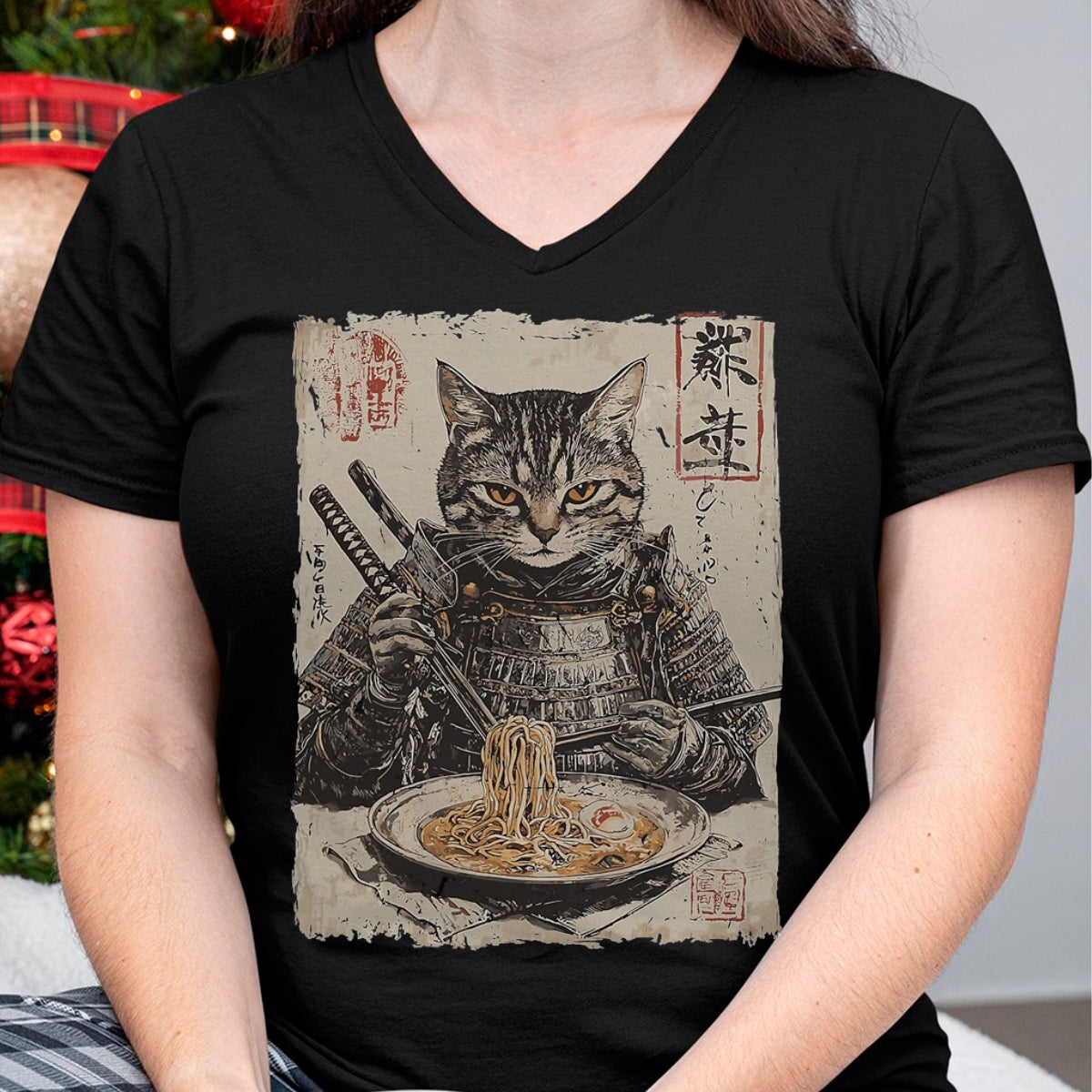 Cat Love Shirt, Funny Cat Lover Gift UnisexT-Shirt/Hoodie/Sweatshirt HLT00 - Samurai Cat Loves Ramen Funny Anime Japanese Artwork Samurai T-Shirt, Men, Black, X-Large