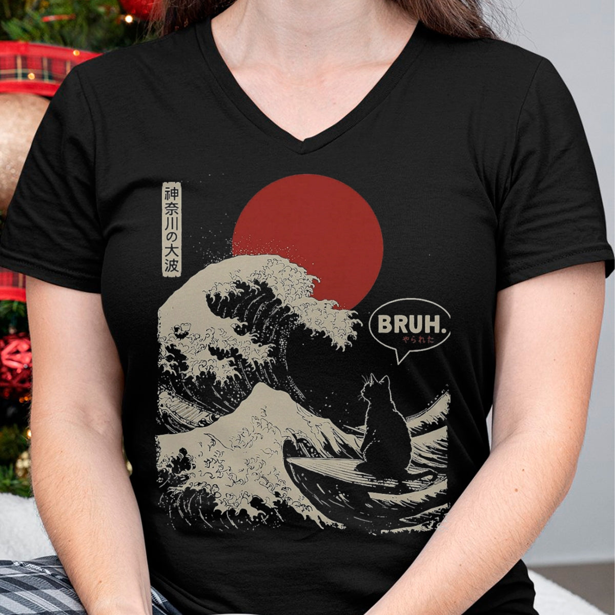 Cat Love Shirt, Funny Cat Lover Gift UnisexT-Shirt/Hoodie/Sweatshirt HLT00 - Bruh. The Great Wave Kanagawa Funny Japanese Surfing Cat T-Shirt, Men, Black, Large