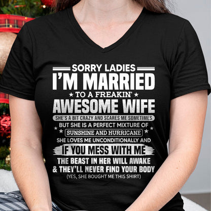 Best Husband Shirt, Wife and Husband Unisex T-Shirt/Hoodie/Sweatshirt HLT00 - Sorry Ladies I_m Married to A Freakin_ Awesome Wife Gift T-Shirt (1)