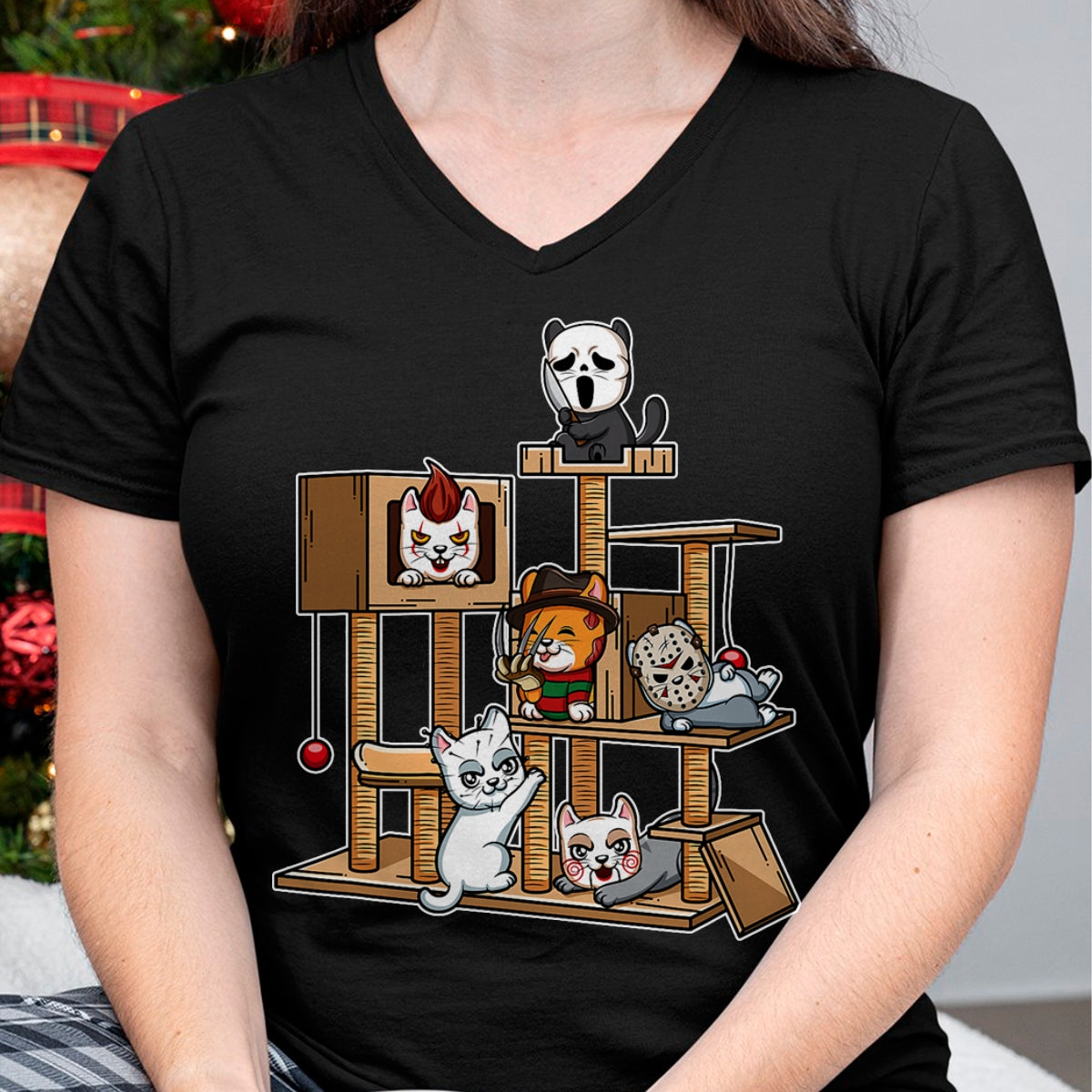 Cat Love Shirt, Funny Cat Lover Gift UnisexT-Shirt/Hoodie/Sweatshirt HLT00 - Funny Horror Movie Kitten Playing On Cat Tree T-Shirt
