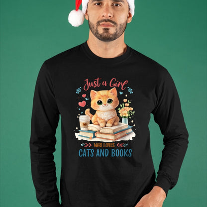 Cat Love Shirt, Funny Cat Lover Gift UnisexT-Shirt/Hoodie/Sweatshirt HLT00 - Just a Girl Who Loves Cats and Books Reading Cat & Bookworm Long Sleeve T-Shirt