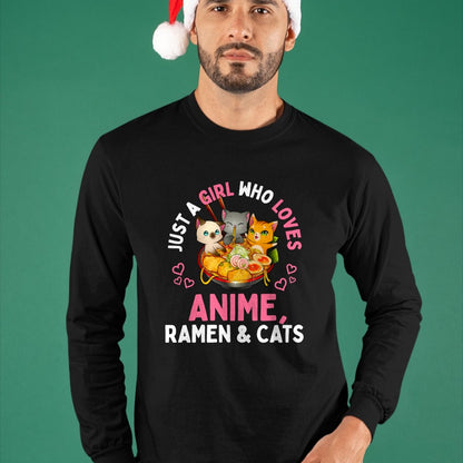 Cat Love Shirt, Funny Cat Lover Gift UnisexT-Shirt/Hoodie/Sweatshirt HLT00 - Just a Girl Who Loves Anime Ramen and Cats Kawaii Manga Gift Long Sleeve T-Shirt