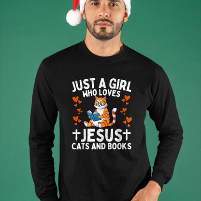Cat Love Shirt, Funny Cat Lover Gift UnisexT-Shirt/Hoodie/Sweatshirt HLT00 - Just A Girl Who Loves Jesus Cats and Books Christian T-Shirt (1)