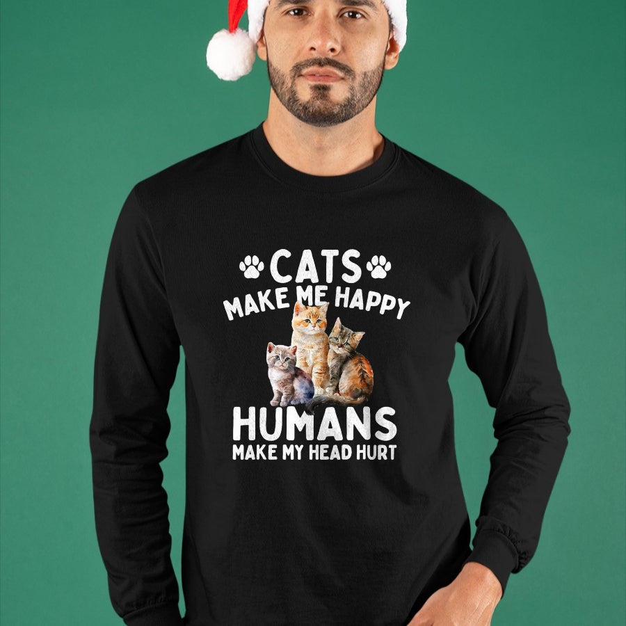 Cat Love Shirt, Funny Cat Lover Gift UnisexT-Shirt/Hoodie/Sweatshirt HLT00 - Cats Make Me Happy Humans Make My Head Hurt - Cat Lover T-Shirt, Men, Black, 3X-Large
