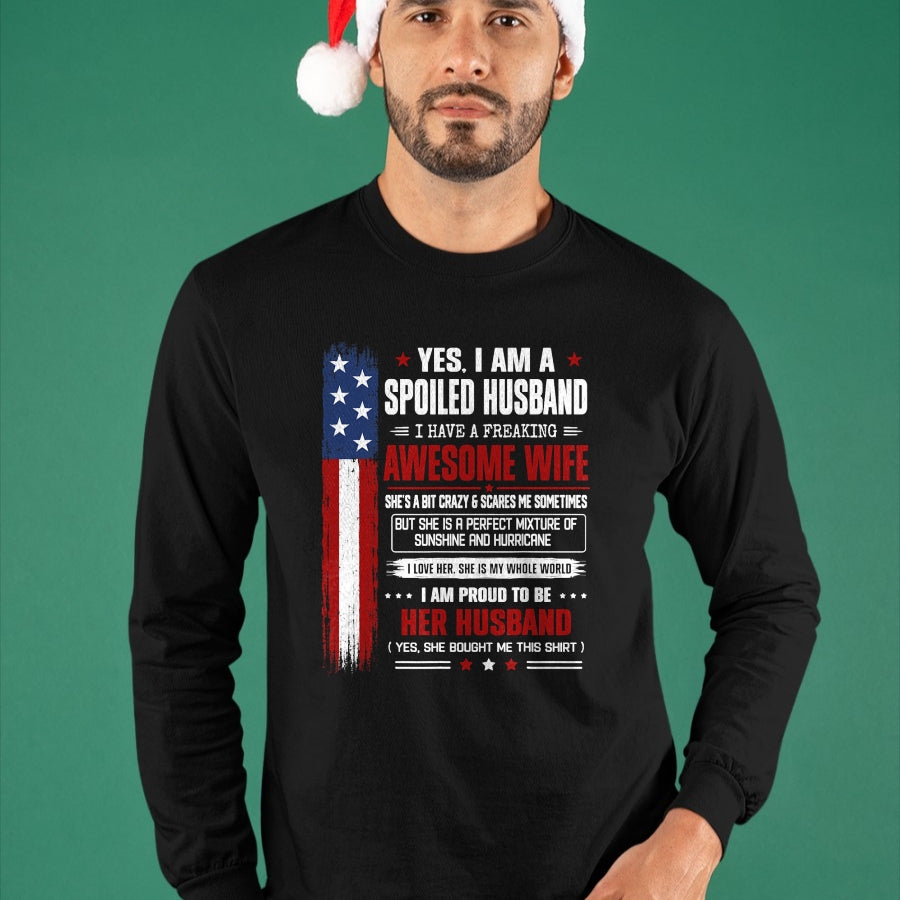 Best Husband Shirt, Wife and Husband Unisex T-Shirt/Hoodie/Sweatshirt HLT00 - Yes I_m a Spoiled Husband I Have an Awesome Wife USA Flag T-Shirt