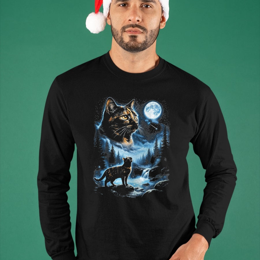 Cat Love Shirt, Funny Cat Lover Gift UnisexT-Shirt/Hoodie/Sweatshirt HLT00 - Tortoiseshell Cat Howling At Moon Celestial Parody Design T-Shirt, Men, Black, 3X-Large
