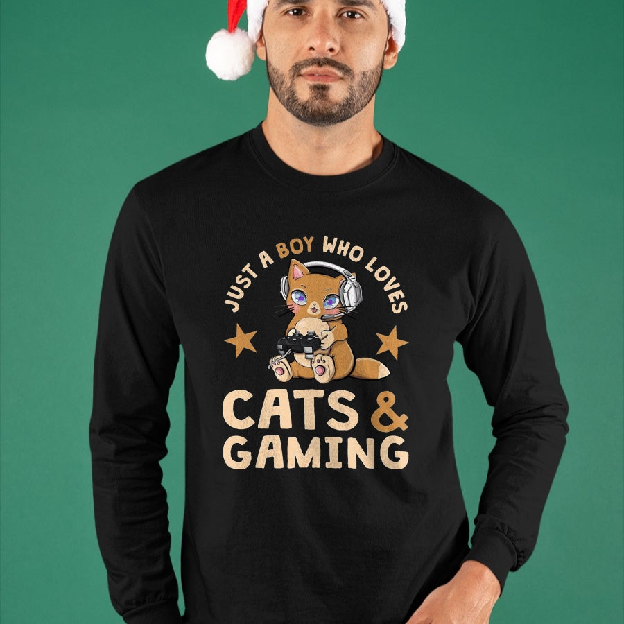 Cat Love Shirt, Funny Cat Lover Gift UnisexT-Shirt/Hoodie/Sweatshirt HLT00 - Just A Boy Who Loves Cats and Gaming Cute Gamer Cat T-Shirt, Men, Black, 3X-Large