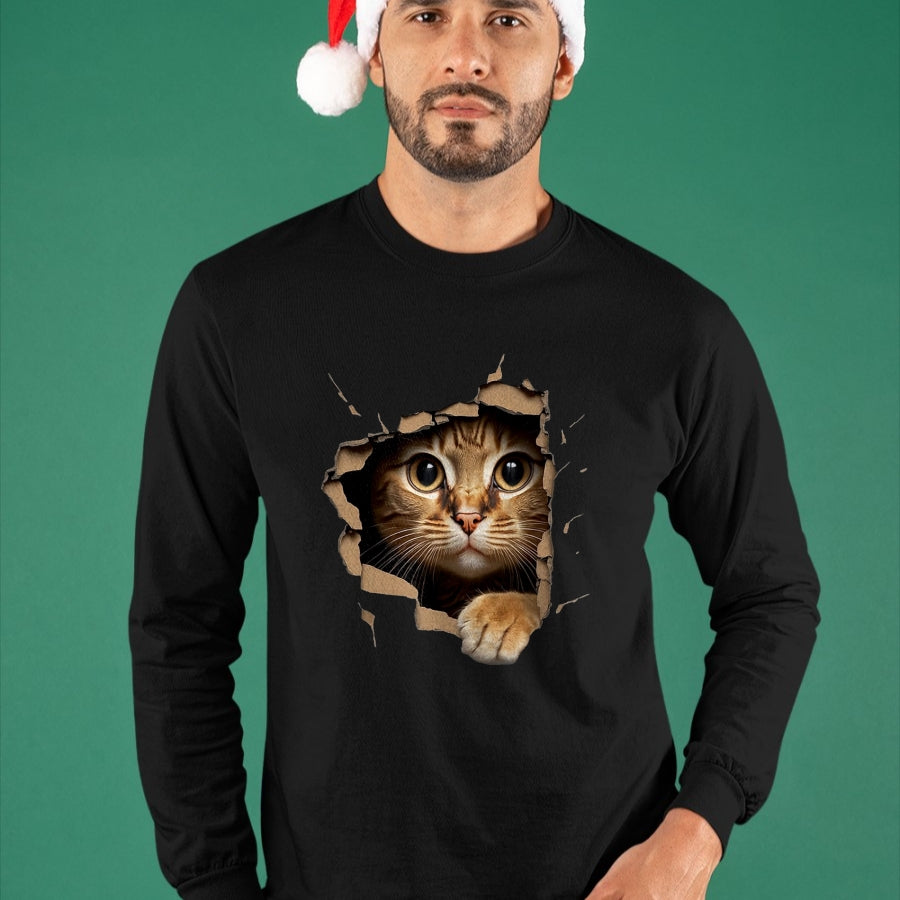 Cat Love Shirt, Funny Cat Lover Gift UnisexT-Shirt/Hoodie/Sweatshirt HLT00 - Cute Kitten Looks from Torn Fabric - Cats T-Shirt, Men, Olive Green, X-Large