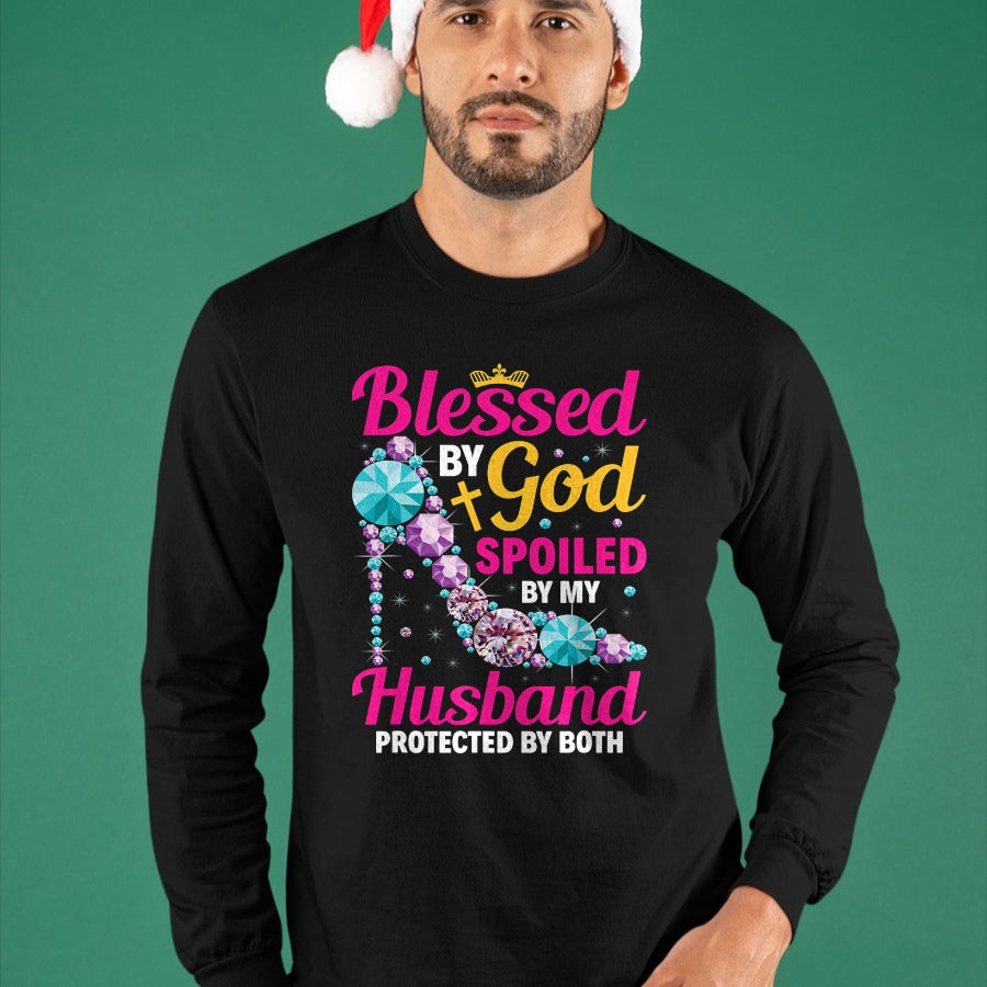 Best Husband Shirt, Wife and Husband Unisex T-Shirt/Hoodie/Sweatshirt HLT00 - Christian Wife Jesus Blessed by God Spoiled by My Husband T-Shirt