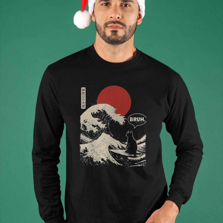 Cat Love Shirt, Funny Cat Lover Gift UnisexT-Shirt/Hoodie/Sweatshirt HLT00 - Bruh. The Great Wave Kanagawa Funny Japanese Surfing Cat T-Shirt, Men, Black, Large