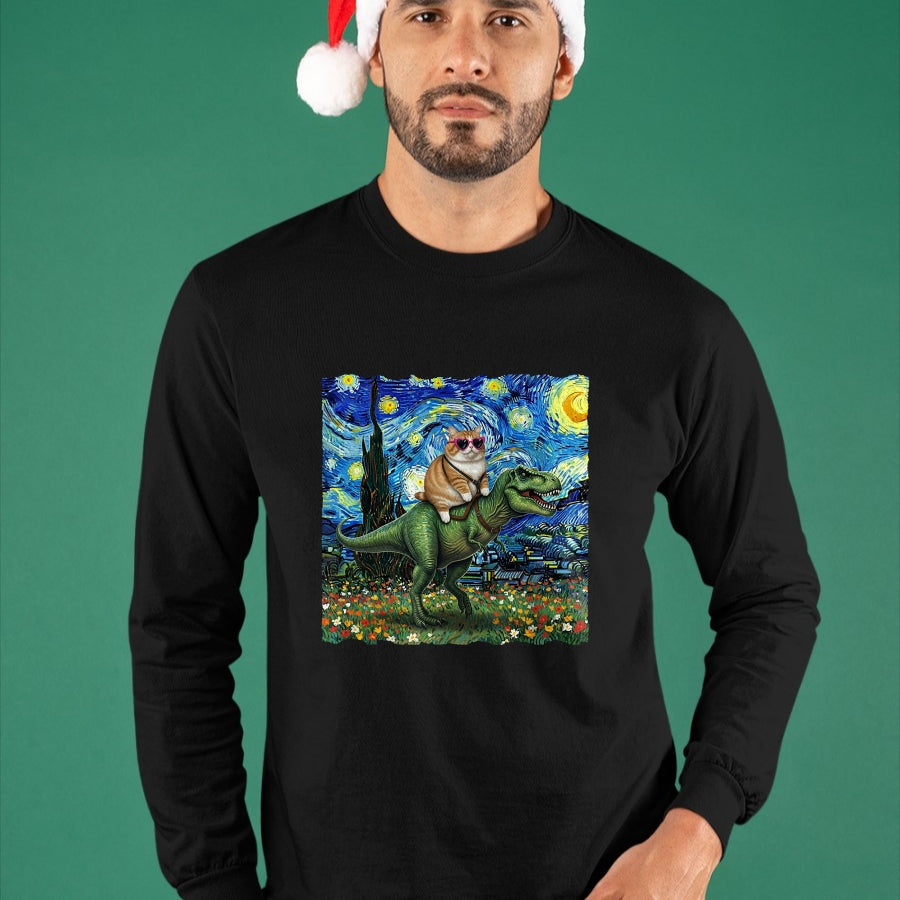 Cat Love Shirt, Funny Cat Lover Gift UnisexT-Shirt/Hoodie/Sweatshirt HLT00 - Cat Riding Dinosaur T-Rex Starry Night Van Gogh Cat Lover T-Shirt