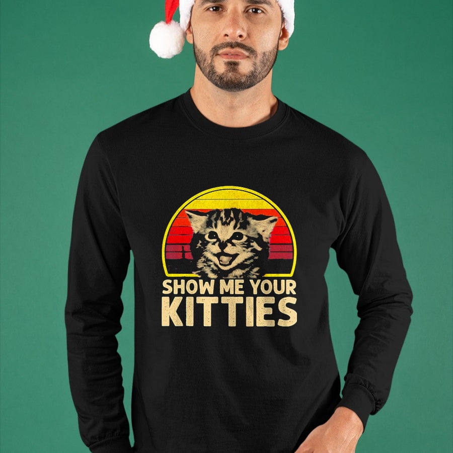 Cat Love Shirt, Funny Cat Lover Gift UnisexT-Shirt/Hoodie/Sweatshirt HLT00 - Show me Your Kitties Cat Lover Retro Vintage Sunset T-Shirt, Men, Black, 3X-Large