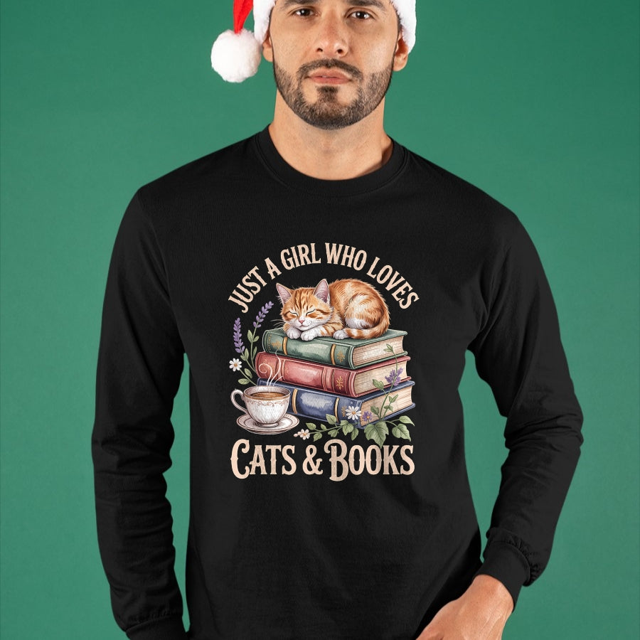 Cat Love Shirt, Funny Cat Lover Gift UnisexT-Shirt/Hoodie/Sweatshirt HLT00 - Just A Girl Who Loves Cats and Books Reading Librarian T-Shirt
