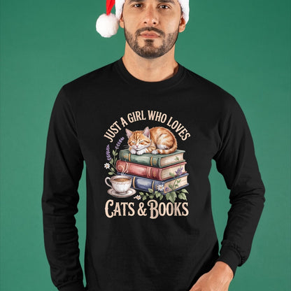 Cat Love Shirt, Funny Cat Lover Gift UnisexT-Shirt/Hoodie/Sweatshirt HLT00 - Just A Girl Who Loves Cats and Books Reading Librarian T-Shirt (1)
