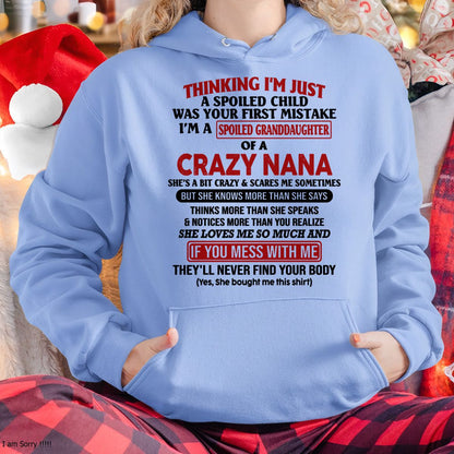 SPOILED GRANDDAUGHTER OF A CRAZY NANA T-SHIRT - From grandma to granddaughter - NINA00 (SKU07-129-00)