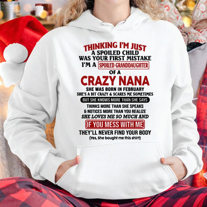 SPOILED GRANDDAUGHTER OF A CRAZY NANA T-SHIRT February Edition - From grandma to granddaughter - NINA02 (SKU07-129-02)