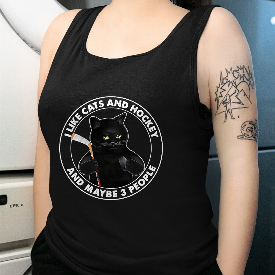 Cat Love Shirt, Funny Cat Lover Gift UnisexT-Shirt/Hoodie/Sweatshirt HLT00 - I Like Cats and Hockey and Maybe 3 People Funny Black Cats T-Shirt, Men, Black, 3X-Large