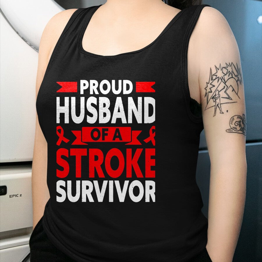 Best Husband Shirt, Wife and Husband Unisex T-Shirt/Hoodie/Sweatshirt HLT00 - Proud Husband of A Stroke Survivor Red Ribbon Support T-Shirt, Men, Heather Blue, 4X-Large