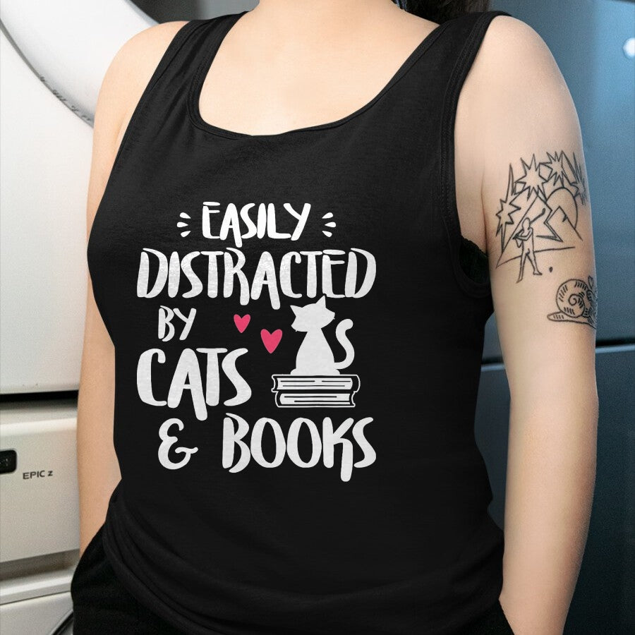 Cat Love Shirt, Funny Cat Lover Gift UnisexT-Shirt/Hoodie/Sweatshirt HLT00 - Easily Distracted by Cats and Books - Cat & Book Lover T-Shirt