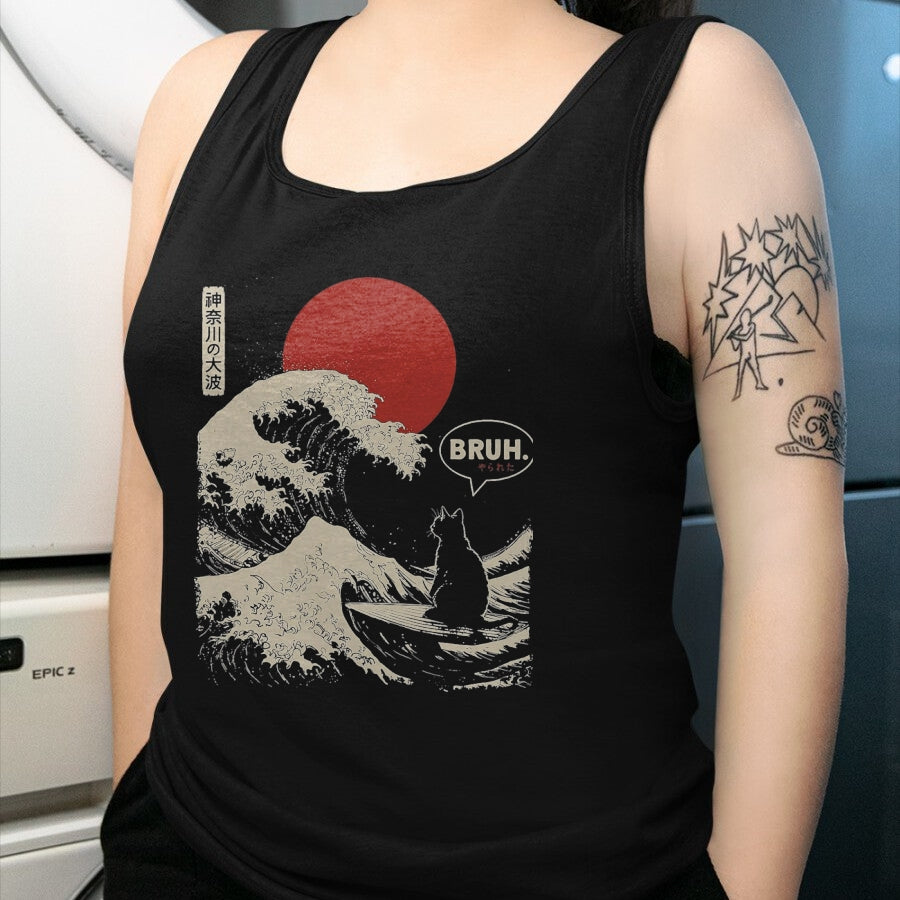 Cat Love Shirt, Funny Cat Lover Gift UnisexT-Shirt/Hoodie/Sweatshirt HLT00 - Bruh. The Great Wave Kanagawa Funny Japanese Surfing Cat T-Shirt, Men, Black, Large