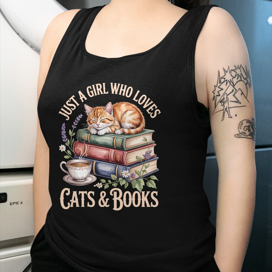 Cat Love Shirt, Funny Cat Lover Gift UnisexT-Shirt/Hoodie/Sweatshirt HLT00 - Just A Girl Who Loves Cats and Books Reading Librarian T-Shirt