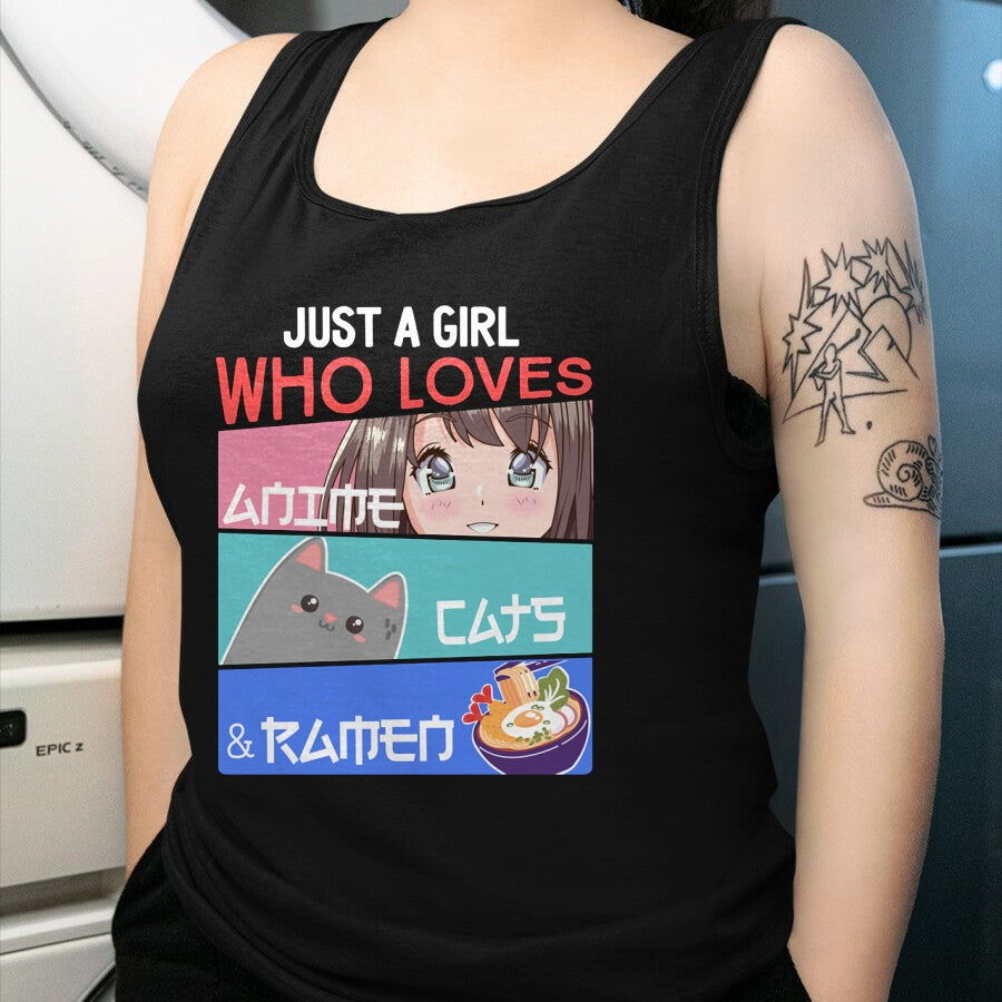 Cat Love Shirt, Funny Cat Lover Gift UnisexT-Shirt/Hoodie/Sweatshirt HLT00 - Just A Girl Who Loves Anime Cats & Ramen Lover Kawaii Otaku Long Sleeve T-Shirt