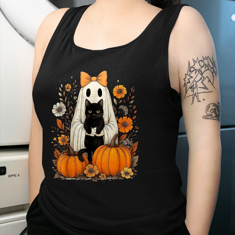 Cat Love Shirt, Funny Cat Lover Gift UnisexT-Shirt/Hoodie/Sweatshirt HLT00 - Vintage Halloween Ghost Holding Black Cat Groovy Floral T-Shirt, Women_s Plus, Black, 2X