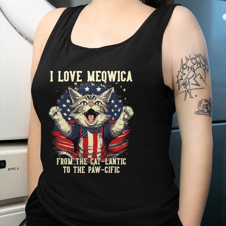 Cat Love Shirt, Funny Cat Lover Gift UnisexT-Shirt/Hoodie/Sweatshirt HLT00 - 4th July Cat Lover, I Love Meowica Patriotic Funny Happy Cat T-Shirt