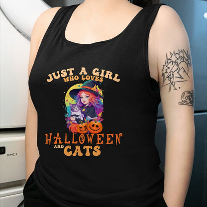 Cat Love Shirt, Funny Cat Lover Gift UnisexT-Shirt/Hoodie/Sweatshirt HLT00 - Just A Girl Who Loves Halloween and Cats Spooky Fall Pumpkin T-Shirt