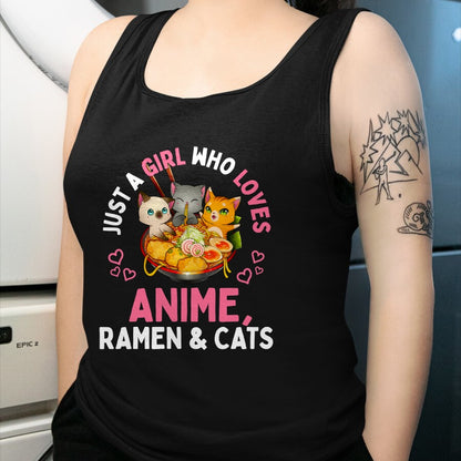 Cat Love Shirt, Funny Cat Lover Gift UnisexT-Shirt/Hoodie/Sweatshirt HLT00 - Just a Girl Who Loves Anime Ramen and Cats Kawaii Manga Gift Long Sleeve T-Shirt