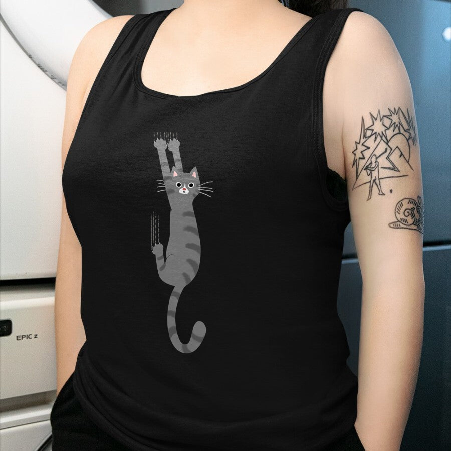 Cat Love Shirt, Funny Cat Lover Gift UnisexT-Shirt/Hoodie/Sweatshirt HLT00 - Grey Tabby Cat Hanging On Funny Gray Striped Cat Holding On T-Shirt