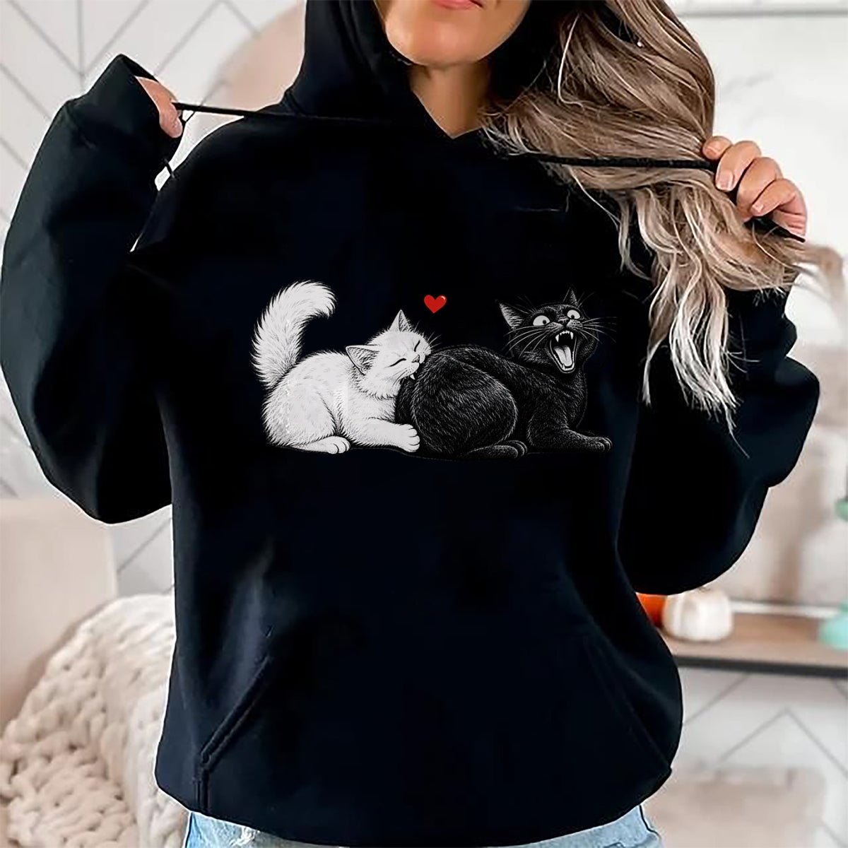 Cat Love Shirt, Funny Cat Lover Gift UnisexT-Shirt/Hoodie/Sweatshirt HLT00 - Funny Cat Couple Black White Cats Love Cat Biting Cat Butt T-Shirt