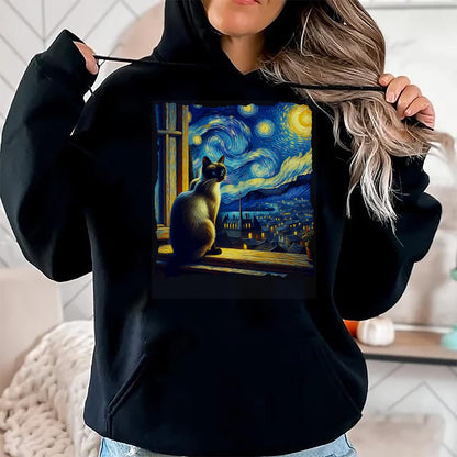 Cat Love Shirt, Funny Cat Lover Gift UnisexT-Shirt/Hoodie/Sweatshirt HLT00 - Cat Siamese Cat Starry Night Siamese T-Shirt (1)