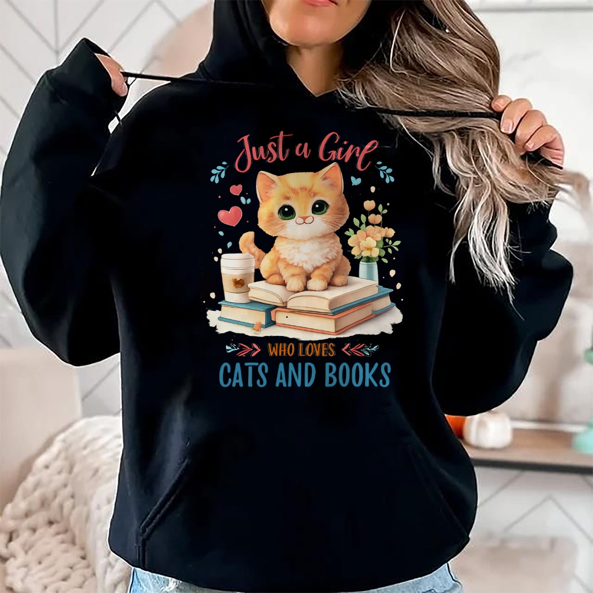 Cat Love Shirt, Funny Cat Lover Gift UnisexT-Shirt/Hoodie/Sweatshirt HLT00 - Just a Girl Who Loves Cats and Books Reading Cat & Bookworm Long Sleeve T-Shirt