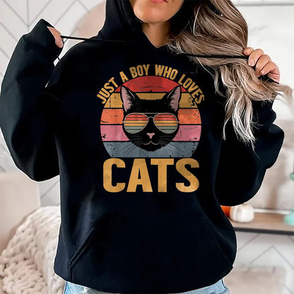 Cat Love Shirt, Funny Cat Lover Gift UnisexT-Shirt/Hoodie/Sweatshirt HLT00 - Just A Boy Who Loves Cats Retro Cat Lover Boys Kids T-Shirt, Youth, Black, Small