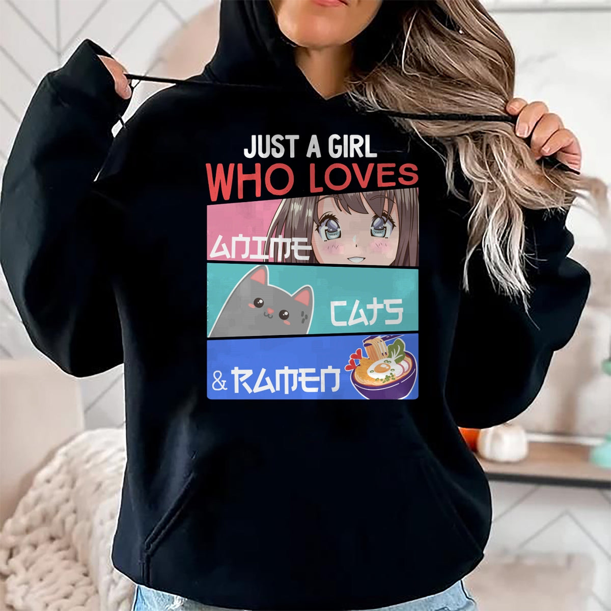 Cat Love Shirt, Funny Cat Lover Gift UnisexT-Shirt/Hoodie/Sweatshirt HLT00 - Just A Girl Who Loves Anime Cats & Ramen Lover Kawaii Otaku Long Sleeve T-Shirt