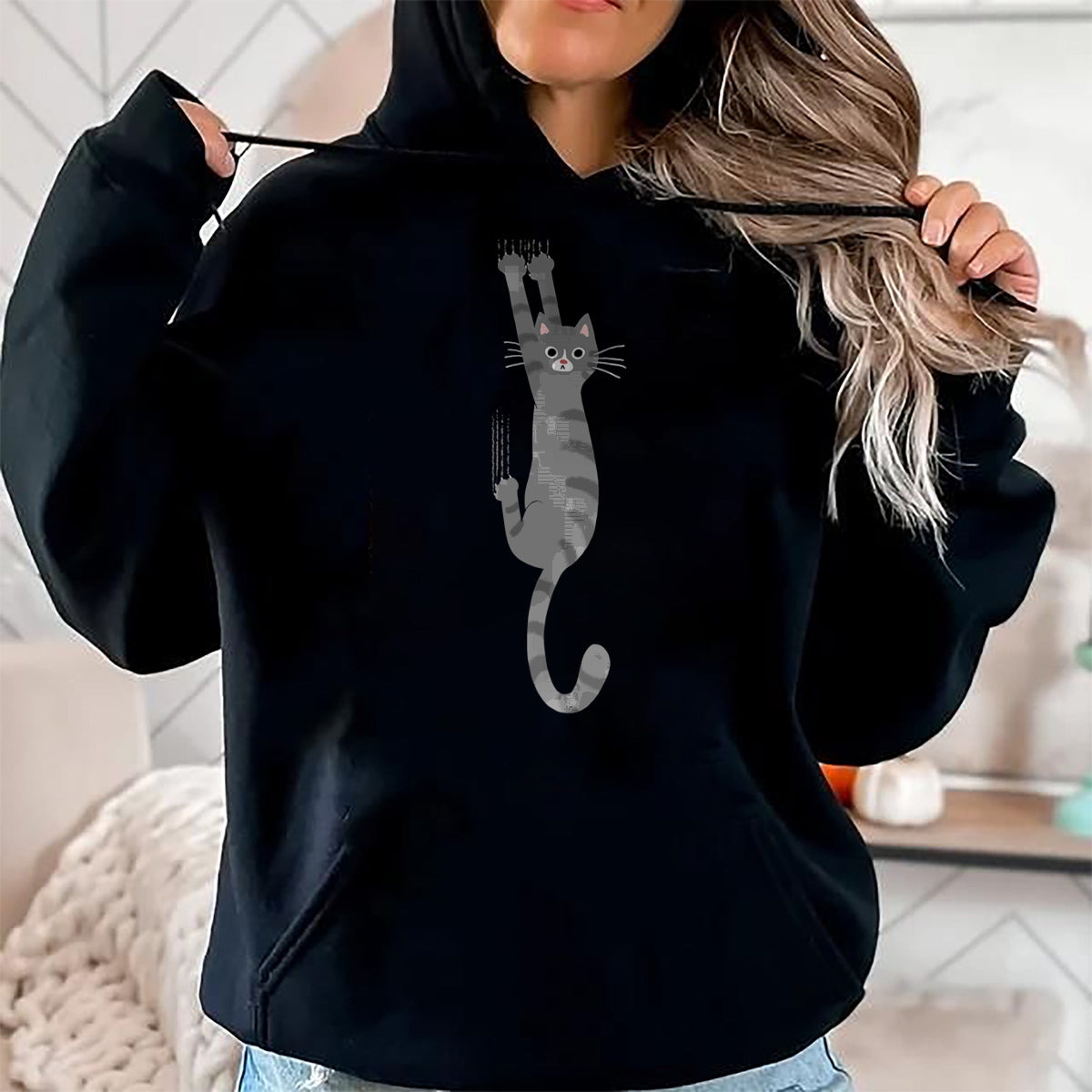 Cat Love Shirt, Funny Cat Lover Gift UnisexT-Shirt/Hoodie/Sweatshirt HLT00 - Grey Tabby Cat Hanging On Funny Gray Striped Cat Holding On T-Shirt