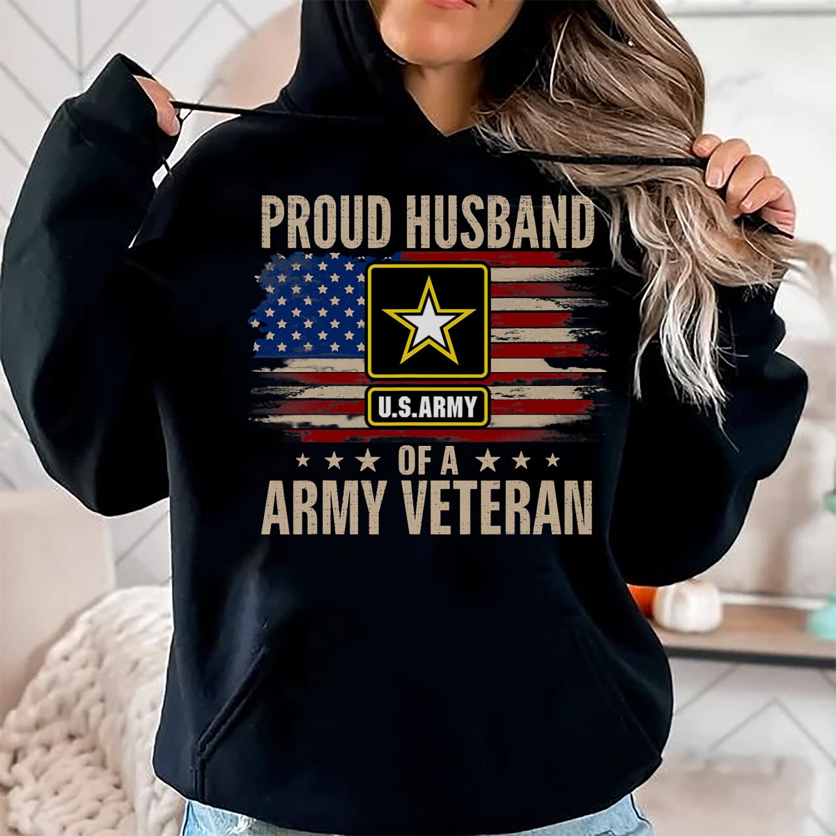 Best Husband Shirt, Wife and Husband Unisex T-Shirt/Hoodie/Sweatshirt HLT00 - Vintage Proud Husband Of A Army Veteran With American Flag T-Shirt