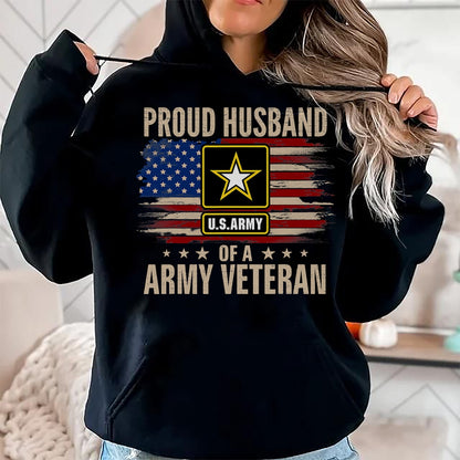 Best Husband Shirt, Wife and Husband Unisex T-Shirt/Hoodie/Sweatshirt HLT00 - Vintage Proud Husband Of A Army Veteran With American Flag T-Shirt
