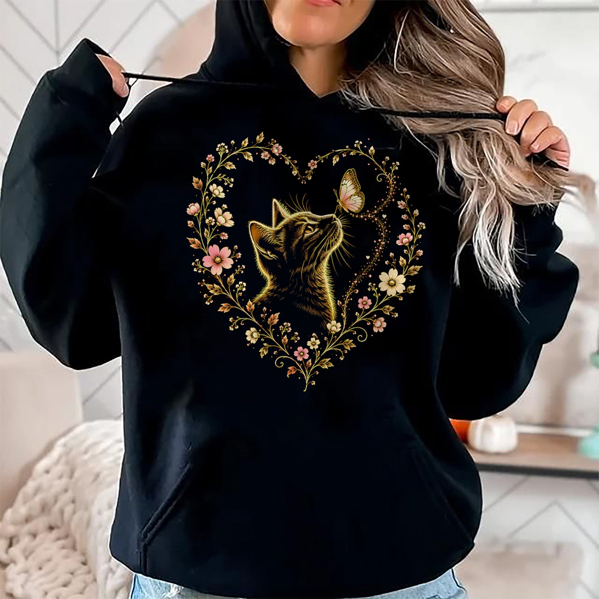 Cat Love Shirt, Funny Cat Lover Gift UnisexT-Shirt/Hoodie/Sweatshirt HLT00 - Butterfly Cat Floral Heart Cute Magical Art Aesthetic Design T-Shirt