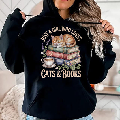 Cat Love Shirt, Funny Cat Lover Gift UnisexT-Shirt/Hoodie/Sweatshirt HLT00 - Just A Girl Who Loves Cats and Books Reading Librarian T-Shirt