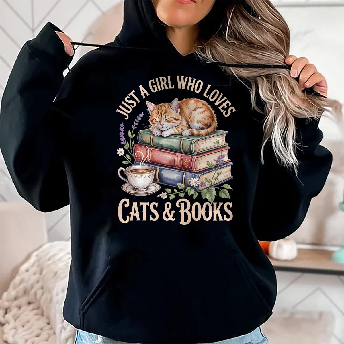 Cat Love Shirt, Funny Cat Lover Gift UnisexT-Shirt/Hoodie/Sweatshirt HLT00 - Just A Girl Who Loves Cats and Books Reading Librarian T-Shirt (1)